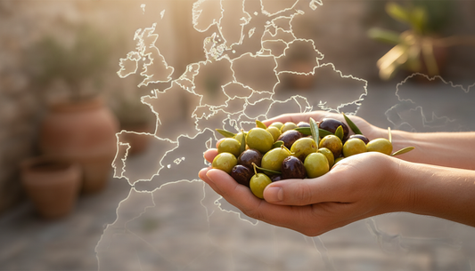 Frisch geerntete Oliven direkt vom Baum in Händen gehalten, europäische Karte dezent im Hintergrund, Länder: Italien, Griechenland, Spanien, Portugal, Frankreich