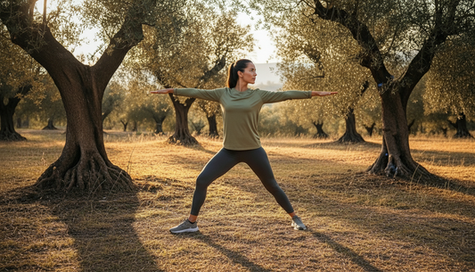Fitte Frau beim sanften Training in einem Olivenhain, Symbol für Gesundheit, Balance und mediterranen Lebensstil
